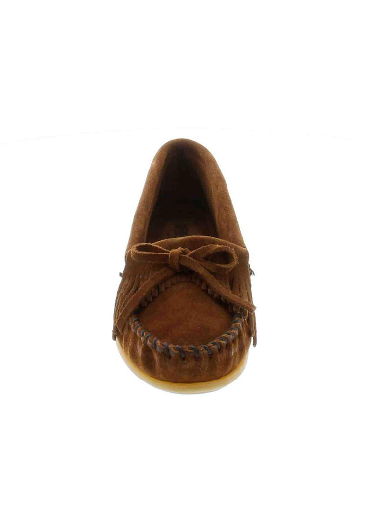Women's Minnetonka Kilty Brown Suede Moc Hardsole 402 front and side view. If you need any assistance with this item or the purchase of this item please call us at five six one seven four eight eight eight zero one Monday through Saturday 10:00a.m EST to 8:00 p.m EST