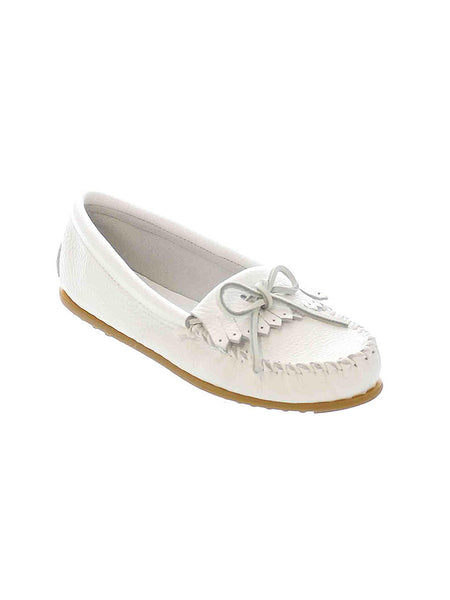 Minnetonka 64 Women's Deerskin Soft Moc White front and side view. If you need any assistance with this item or the purchase of this item please call us at five six one seven four eight eight eight zero one Monday through Saturday 10:00a.m EST to 8:00 p.m EST