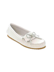 Minnetonka 64 Women's Deerskin Soft Moc White front and side view. If you need any assistance with this item or the purchase of this item please call us at five six one seven four eight eight eight zero one Monday through Saturday 10:00a.m EST to 8:00 p.m EST