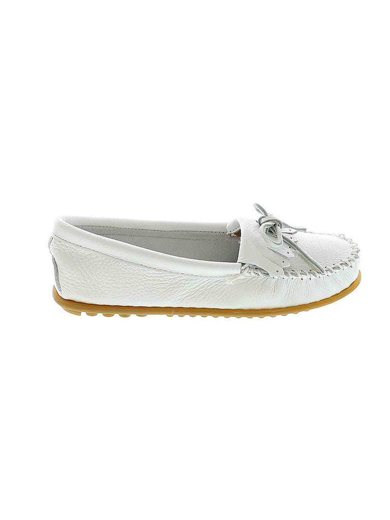 Minnetonka 64 Women's Deerskin Soft Moc White front and side view. If you need any assistance with this item or the purchase of this item please call us at five six one seven four eight eight eight zero one Monday through Saturday 10:00a.m EST to 8:00 p.m EST
