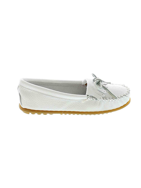 Women's Minnetonka White Deerskin Soft - side view. If you need any assistance with this item or the purchase of this item please call us at five six one seven four eight eight eight zero one Monday through Saturday 10:00a.m EST to 8:00 p.m EST