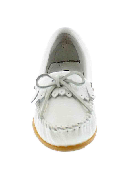 Women's Minnetonka White Deerskin Soft. front view. If you need any assistance with this item or the purchase of this item please call us at five six one seven four eight eight eight zero one Monday through Saturday 10:00a.m EST to 8:00 p.m EST
