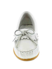 Women's Minnetonka White Deerskin Soft. front view. If you need any assistance with this item or the purchase of this item please call us at five six one seven four eight eight eight zero one Monday through Saturday 10:00a.m EST to 8:00 p.m EST