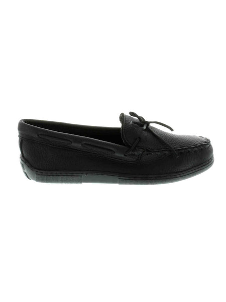 Minnetonka Mens Moosehide Classic Mocassin 899 Black side view. If you need any assistance with this item or the purchase of this item please call us at five six one seven four eight eight eight zero one Monday through Saturday 10:00a.m EST to 8:00 p.m EST