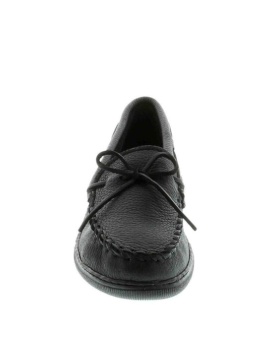 Minnetonka Mens Moosehide Classic Mocassin 899 Black front view. If you need any assistance with this item or the purchase of this item please call us at five six one seven four eight eight eight zero one Monday through Saturday 10:00a.m EST to 8:00 p.m EST