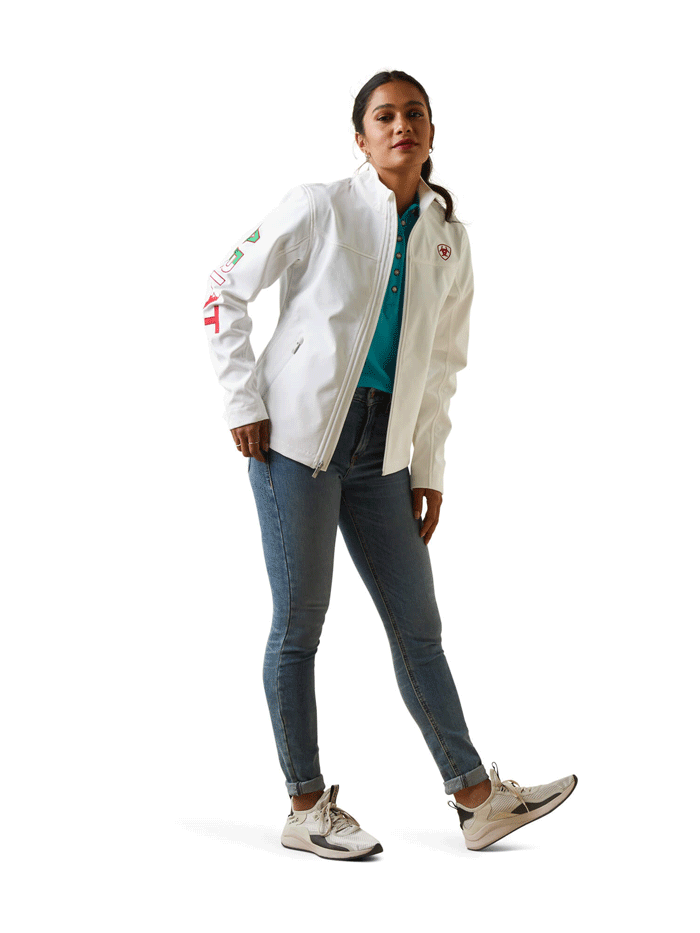 Ariat 10043548 Womens Classic Team Softshell MEXICO Jacket White front and side view. If you need any assistance with this item or the purchase of this item please call us at five six one seven four eight eight eight zero one Monday through Saturday 10:00a.m EST to 8:00 p.m EST
