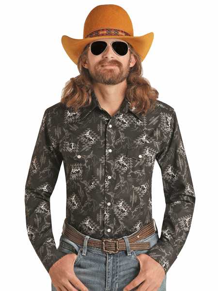 Rock & Roll Denim RRMSOSR091 Mens Dale Brisby Cowboy Aztec Long Sleeve Snap Shirt Black front view. If you need any assistance with this item or the purchase of this item please call us at five six one seven four eight eight eight zero one Monday through Saturday 10:00a.m EST to 8:00 p.m EST 