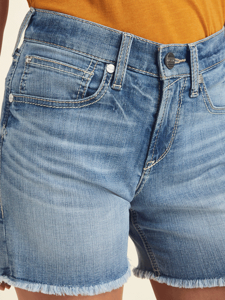 Ariat 10043203 Womens Nayla Boyfriend Denim Short Colorado front close up. If you need any assistance with this item or the purchase of this item please call us at five six one seven four eight eight eight zero one Monday through Saturday 10:00a.m EST to 8:00 p.m EST
