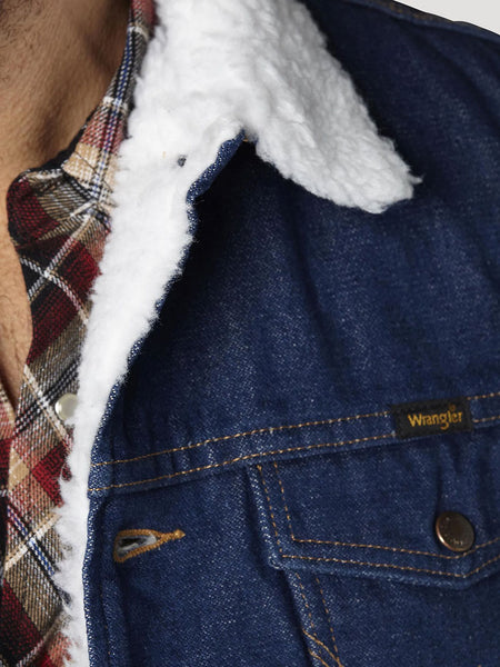 Wrangler 74131PW Mens Sherpa Lined Denim Vest Prewashed collar close up. If you need any assistance with this item or the purchase of this item please call us at five six one seven four eight eight eight zero one Monday through Saturday 10:00a.m EST to 8:00 p.m EST