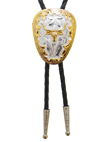 Western Express BT-208 Long Horn on German Silver Bolo Tie Gold And Silver front view. If you need any assistance with this item or the purchase of this item please call us at five six one seven four eight eight eight zero one Monday through Saturday 10:00a.m EST to 8:00 p.m EST
