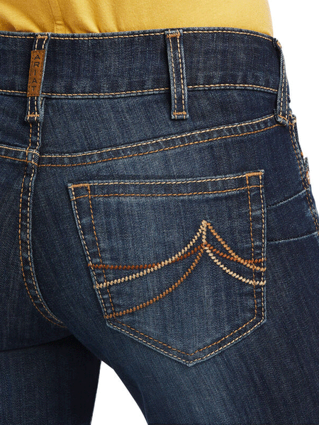 Ariat 10041060 Womens REAL Mid Rise Octavia Straight Jean Burbank back pocket close up. If you need any assistance with this item or the purchase of this item please call us at five six one seven four eight eight eight zero one Monday through Saturday 10:00a.m EST to 8:00 p.m EST
