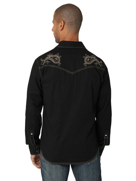 Wrangler 112324825 Mens Rock 47 Long Sleeve Shirt Black back view. If you need any assistance with this item or the purchase of this item please call us at five six one seven four eight eight eight zero one Monday through Saturday 10:00a.m EST to 8:00 p.m EST