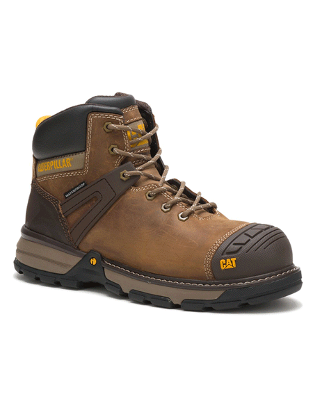 Caterpillar P91218 Mens Excavator Superlite Waterproof Carbon Composite Toe Work Boot Dark Beige front-side view. If you need any assistance with this item or the purchase of this item please call us at five six one seven four eight eight eight zero one Monday through Saturday 10:00a.m EST to 8:00 p.m EST