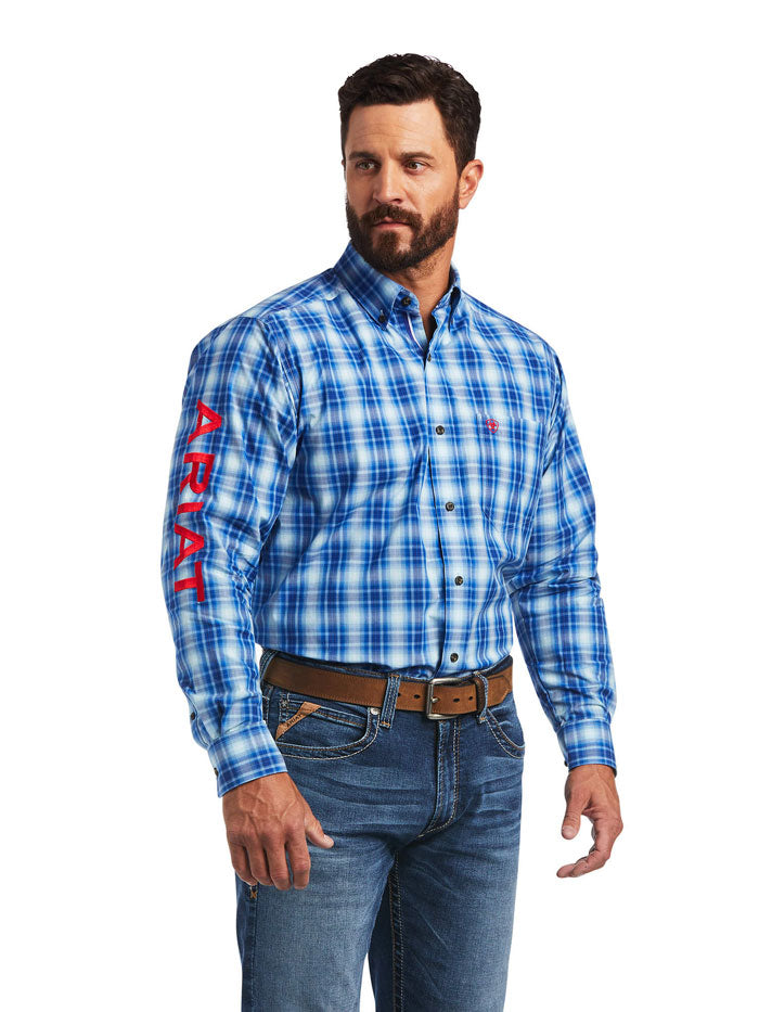 Ariat 10040786 Mens Pro Series Team Yves Classic Fit Shirt Cerulean Blue fron view on model. If you need any assistance with this item or the purchase of this item please call us at five six one seven four eight eight eight zero one Monday through Saturday 10:00a.m EST to 8:00 p.m EST