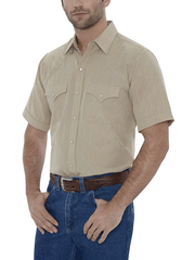 Ely Cattleman 15201634-28 Mens Short Sleeve Tone On Tone Western Shirt Khaki front view tucked in.  If you need any assistance with this item or the purchase of this item please call us at five six one seven four eight eight eight zero one Monday through Saturday 10:00a.m EST to 8:00 p.m EST