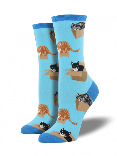 Socksmith WNC765-AZU Womens Cat in a Box Socks Azure front and side view. If you need any assistance with this item or the purchase of this item please call us at five six one seven four eight eight eight zero one Monday through Saturday 10:00a.m EST to 8:00 p.m EST