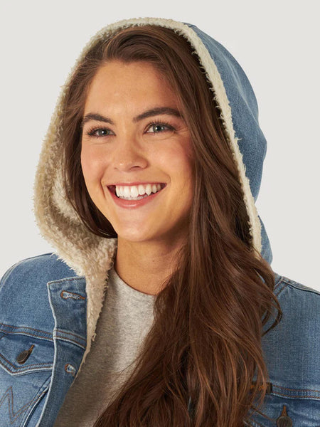 Wrangler 112317280 Womens Retro Outerwear Hooded Jacket Denim hoodie close up. If you need any assistance with this item or the purchase of this item please call us at five six one seven four eight eight eight zero one Monday through Saturday 10:00a.m EST to 8:00 p.m EST