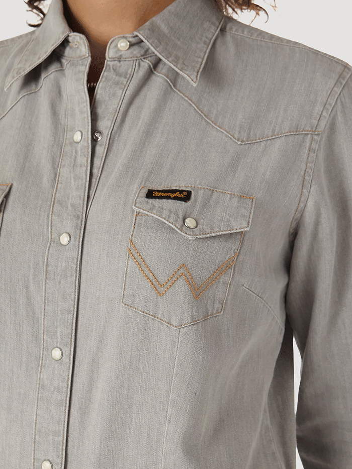 Wrangler LW3961D Womens Long Sleeve Western Snap Shirt Grey Denim front view. If you need any assistance with this item or the purchase of this item please call us at five six one seven four eight eight eight zero one Monday through Saturday 10:00a.m EST to 8:00 p.m EST