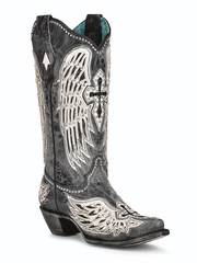 Corral A4232 Ladies Wing and Cross Cowhide Western Boot Black front and side view. If you need any assistance with this item or the purchase of this item please call us at five six one seven four eight eight eight zero one Monday through Saturday 10:00a.m EST to 8:00 p.m EST