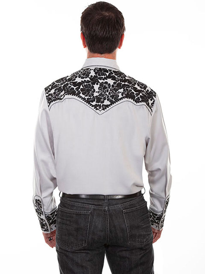 Scully P-634-STE Mens Floral Tooled Embroidery Western Shirt Steel front view. If you need any assistance with this item or the purchase of this item please call us at five six one seven four eight eight eight zero one Monday through Saturday 10:00a.m EST to 8:00 p.m EST