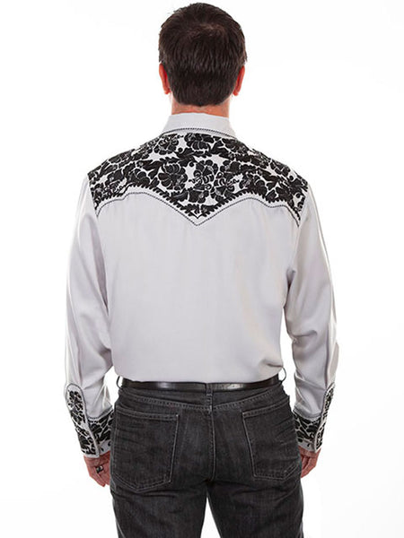 Scully P-634-STE Mens Floral Tooled Embroidery Western Shirt Steel back view. If you need any assistance with this item or the purchase of this item please call us at five six one seven four eight eight eight zero one Monday through Saturday 10:00a.m EST to 8:00 p.m EST
