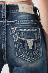Miss Me M3914B Womens All Night Longhorn Bootcut Jeans Dark Blue back pocket close up. If you need any assistance with this item or the purchase of this item please call us at five six one seven four eight eight eight zero one Monday through Saturday 10:00a.m EST to 8:00 p.m EST