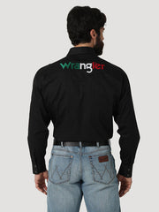 Wrangler 112317124 Mens Mexico Flag Logo Snap Shirt Black back view. If you need any assistance with this item or the purchase of this item please call us at five six one seven four eight eight eight zero one Monday through Saturday 10:00a.m EST to 8:00 p.m EST