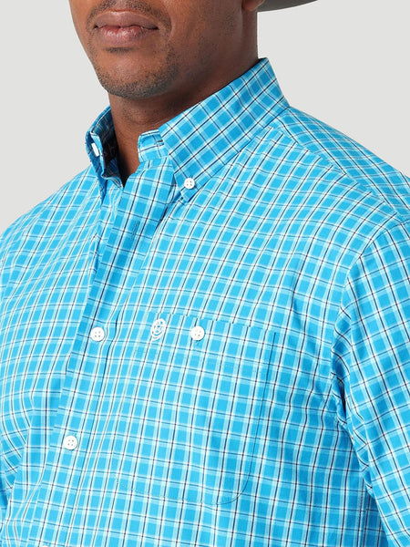 Wrangler 112317183 Mens George Strait Long Sleeve Plaid Shirt Tranquil Blue front close up. If you need any assistance with this item or the purchase of this item please call us at five six one seven four eight eight eight zero one Monday through Saturday 10:00a.m EST to 8:00 p.m EST