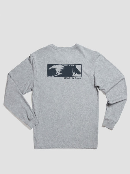 Beach & Barn WILD HORSES Tee Long Sleeve Oxford Heather back view. If you need any assistance with this item or the purchase of this item please call us at five six one seven four eight eight eight zero one Monday through Saturday 10:00a.m EST to 8:00 p.m EST
