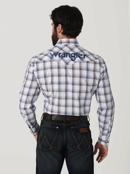 Wrangler 112317123 Mens Logo Long Sleeve Western Snap Plaid Shirt Clouds back view. If you need any assistance with this item or the purchase of this item please call us at five six one seven four eight eight eight zero one Monday through Saturday 10:00a.m EST to 8:00 p.m EST
