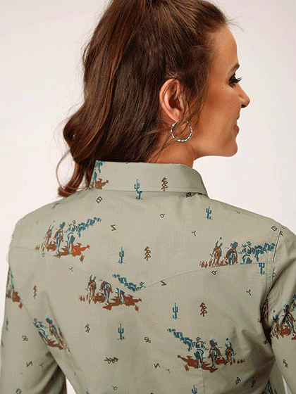 Roper 03-050-0064-0303 Womens Long Sleeve Vintage Western Print Brown front view