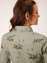 Roper 03-050-0064-0303 Womens Long Sleeve Vintage Western Print Brown back view