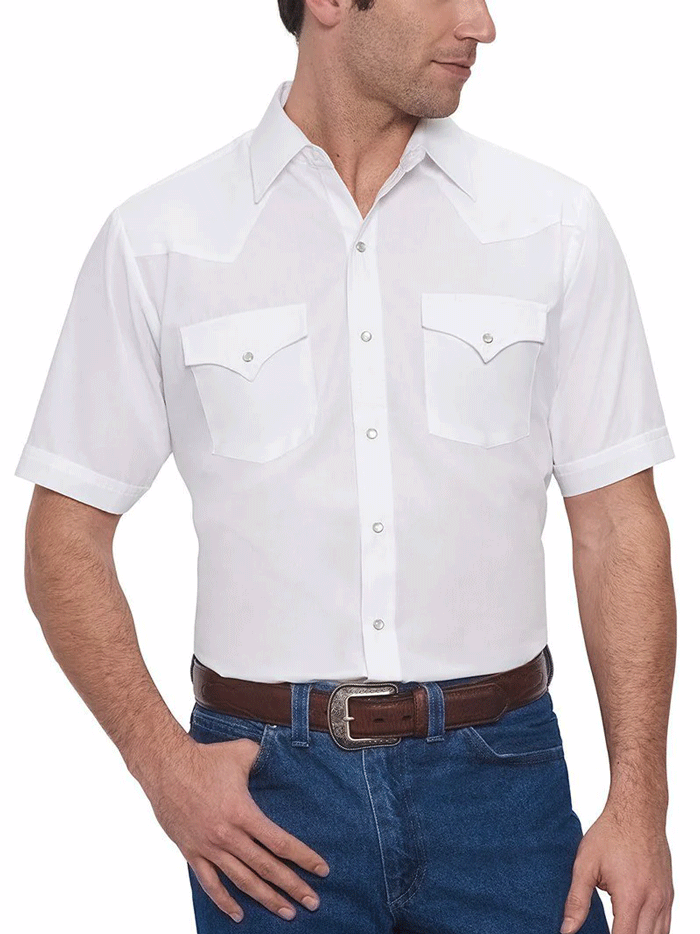 Ely Cattleman 15201605-01 Mens Short Sleeve Solid Western Shirt White front view tucked in. If you need any assistance with this item or the purchase of this item please call us at five six one seven four eight eight eight zero one Monday through Saturday 10:00a.m EST to 8:00 p.m EST