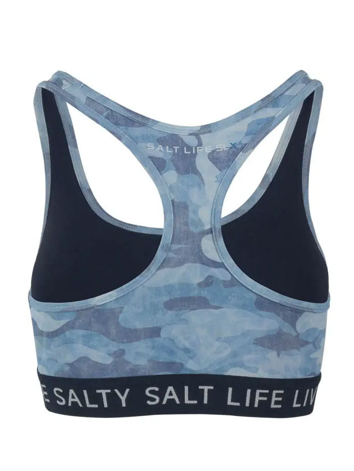 Salt Life SLJ6056 Womens Into the Abyss Sports Bra Blue front view. If you need any assistance with this item or the purchase of this item please call us at five six one seven four eight eight eight zero one Monday through Saturday 10:00a.m EST to 8:00 p.m EST