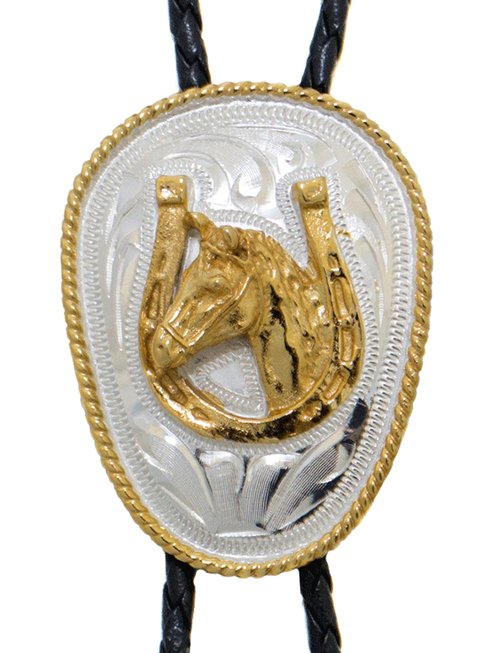 Western Express BT-227 Horse Head in Horseshoe German Silver Oval Bolo Tie Gold And Silver front view. If you need any assistance with this item or the purchase of this item please call us at five six one seven four eight eight eight zero one Monday through Saturday 10:00a.m EST to 8:00 p.m EST