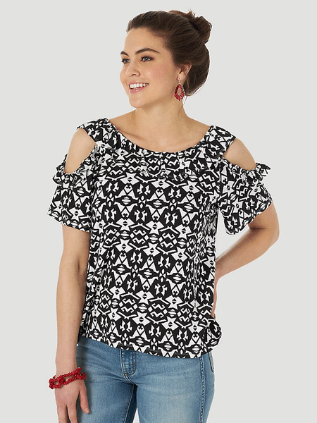 Wrangler 10LWK563M Womens Retro Cold Shoulder Ruffle Top Black/White front view. If you need any assistance with this item or the purchase of this item please call us at five six one seven four eight eight eight zero one Monday through Saturday 10:00a.m EST to 8:00 p.m EST