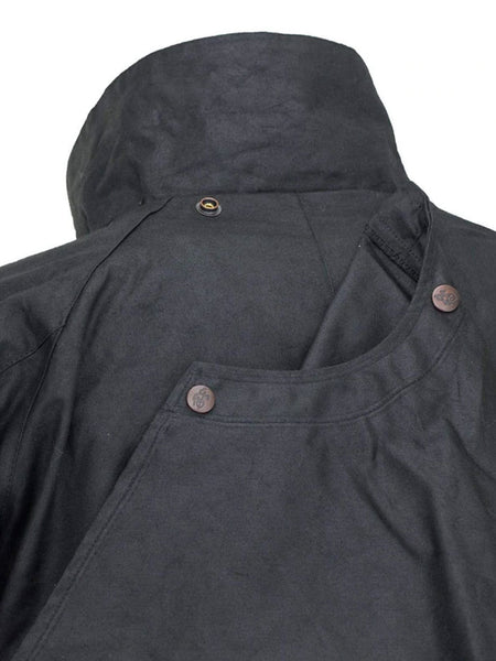 Outback Trading Company 2042-BLK Oilskin Low Rider Duster Black back of collar close up view. If you need any assistance with this item or the purchase of this item please call us at five six one seven four eight eight eight zero one Monday through Saturday 10:00a.m EST to 8:00 p.m EST