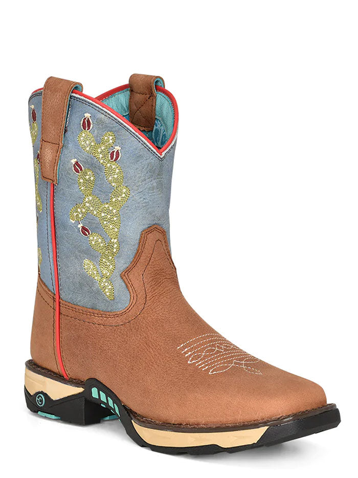 Corral W5003 Ladies Hydro Resist Boot Tan & Blue side and front view. If you need any assistance with this item or the purchase of this item please call us at five six one seven four eight eight eight zero one Monday through Saturday 10:00a.m EST to 8:00 p.m EST