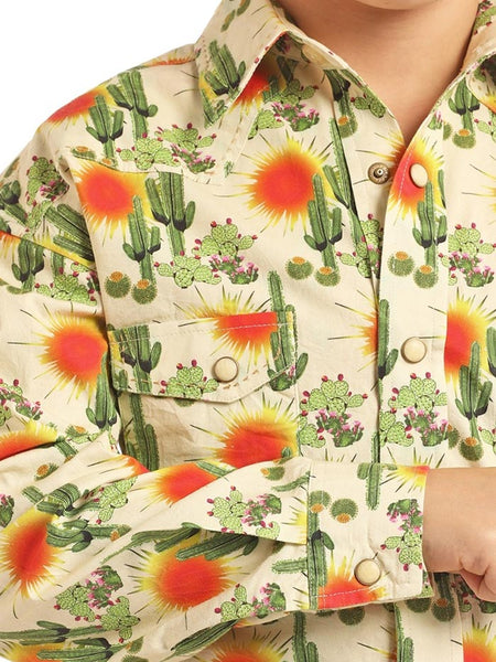 Panhandle Kids Cactus Print Mineral Long Sleeve Snap Shirt B8S2330 cuff