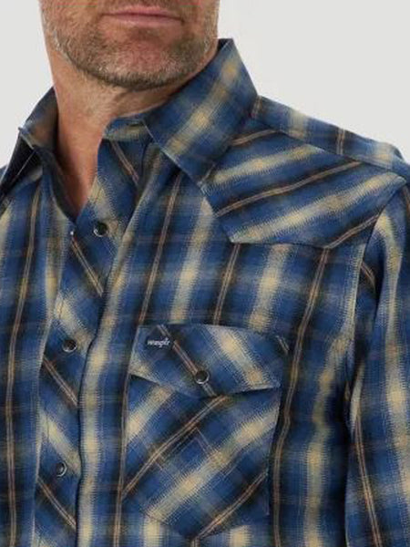 Wrangler MACW20B Mens Performance Long Sleeve Shirt Plaid Blue close up. If you need any assistance with this item or the purchase of this item please call us at five six one seven four eight eight eight zero one Monday through Saturday 10:00a.m EST to 8:00 p.m EST