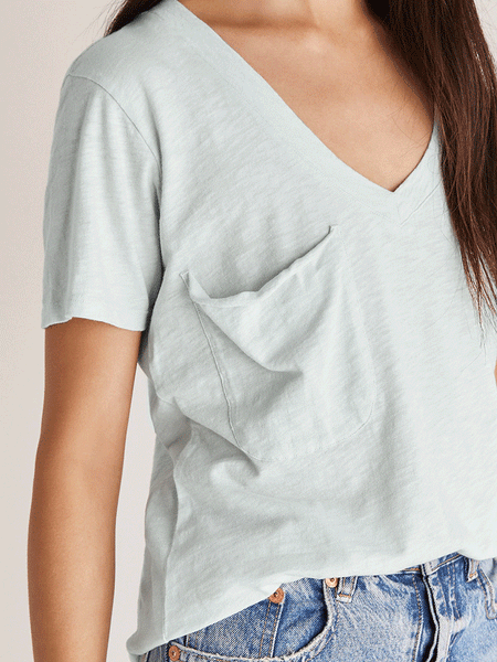 Z Supply ZT191722-SKI Womens Cotton Slub Pocket Tee Skylight pocket detail. If you need any assistance with this item or the purchase of this item please call us at five six one seven four eight eight eight zero one Monday through Saturday 10:00a.m EST to 8:00 p.m EST