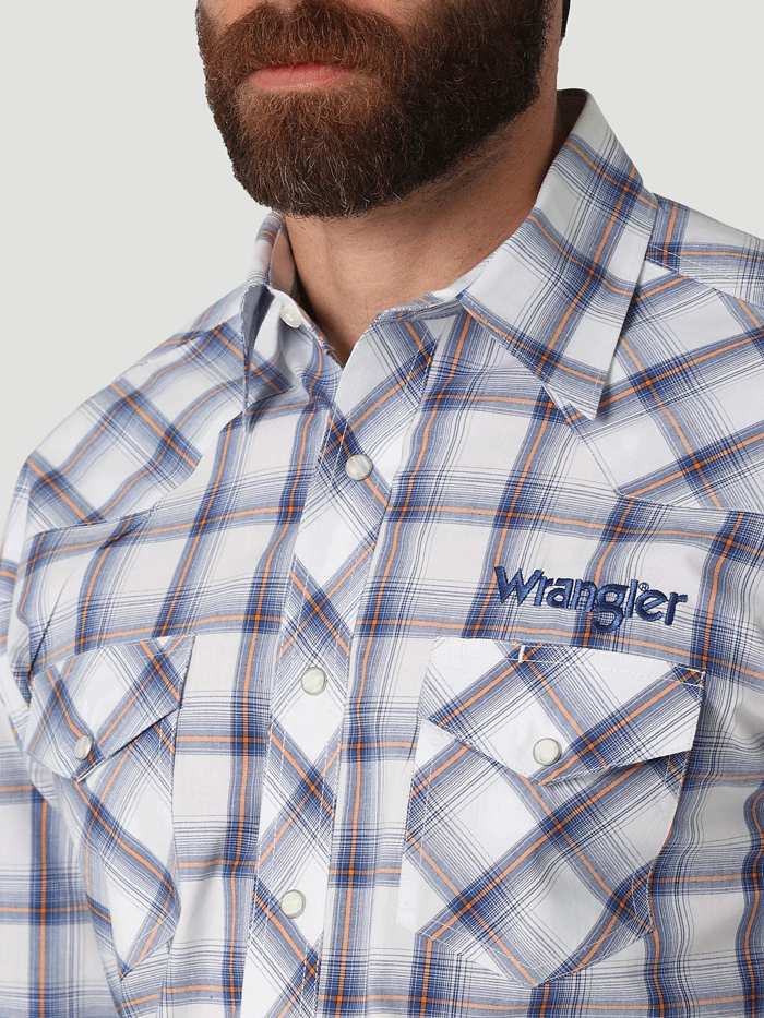 Wrangler 112317123 Mens Logo Long Sleeve Western Snap Plaid Shirt Clouds front view. If you need any assistance with this item or the purchase of this item please call us at five six one seven four eight eight eight zero one Monday through Saturday 10:00a.m EST to 8:00 p.m EST