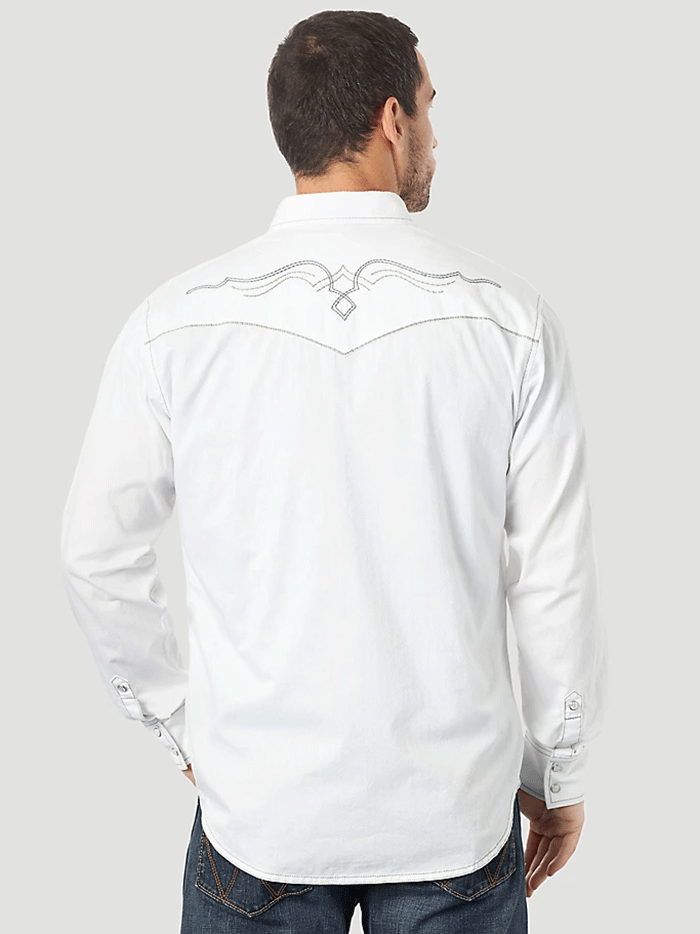 Wrangler 10MRC427W Mens Rock 47 Long Sleeve Embroidered Yoke Solid Western Snap Shirt White front view. If you need any assistance with this item or the purchase of this item please call us at five six one seven four eight eight eight zero one Monday through Saturday 10:00a.m EST to 8:00 p.m EST