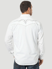Wrangler 10MRC427W Mens Rock 47 Long Sleeve Embroidered Yoke Solid Western Snap Shirt White full back detail. If you need any assistance with this item or the purchase of this item please call us at five six one seven four eight eight eight zero one Monday through Saturday 10:00a.m EST to 8:00 p.m EST
