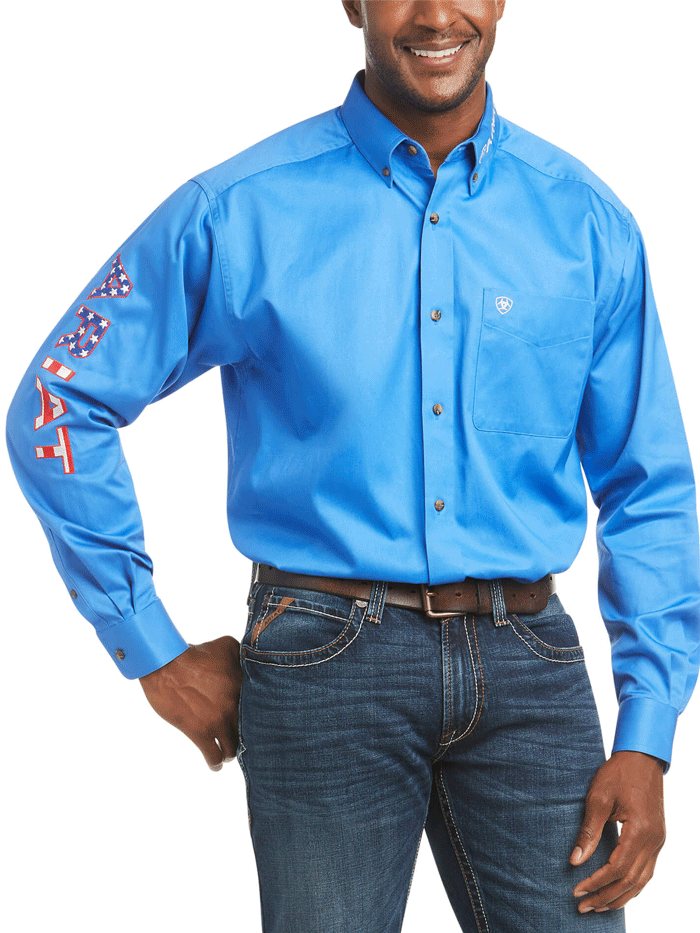 Ariat 10036179 Mens Team Logo Twill Classic Fit Shirt Sea Scape front view. If you need any assistance with this item or the purchase of this item please call us at five six one seven four eight eight eight zero one Monday through Saturday 10:00a.m EST to 8:00 p.m EST