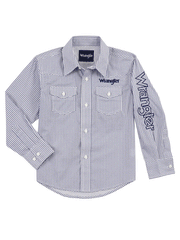 Wrangler 112317215 Kids Long Sleeve Logo Western Shirt White/Blue front view. If you need any assistance with this item or the purchase of this item please call us at five six one seven four eight eight eight zero one Monday through Saturday 10:00a.m EST to 8:00 p.m EST