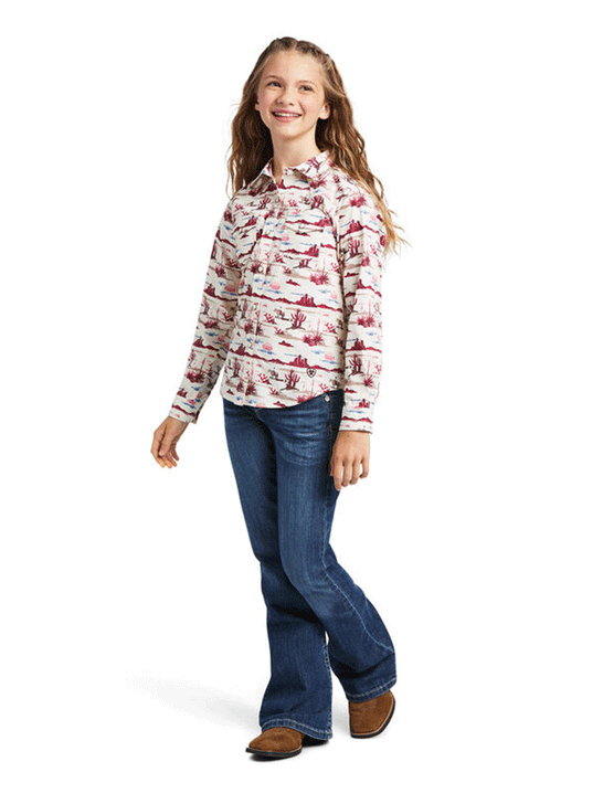 Ariat 10039507 Girls Snap LS Shirt Yuma Landscape Print full front view. If you need any assistance with this item or the purchase of this item please call us at five six one seven four eight eight eight zero one Monday through Saturday 10:00a.m EST to 8:00 p.m EST