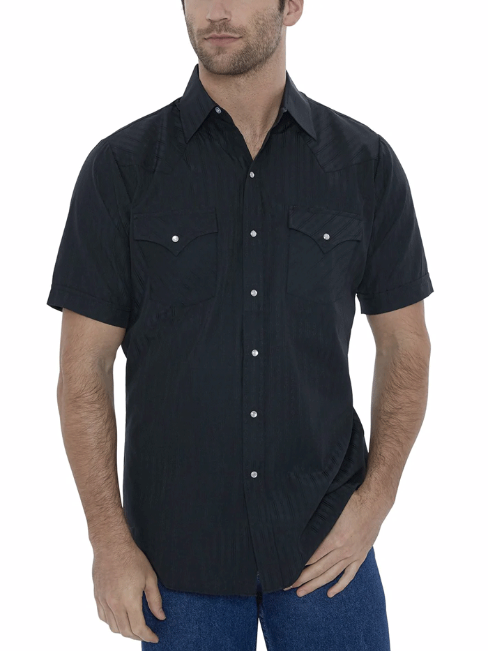 Ely Cattleman 15201634-89 Mens Short Sleeve Tone On Tone Western Shirt Black front view tucked in. If you need any assistance with this item or the purchase of this item please call us at five six one seven four eight eight eight zero one Monday through Saturday 10:00a.m EST to 8:00 p.m EST