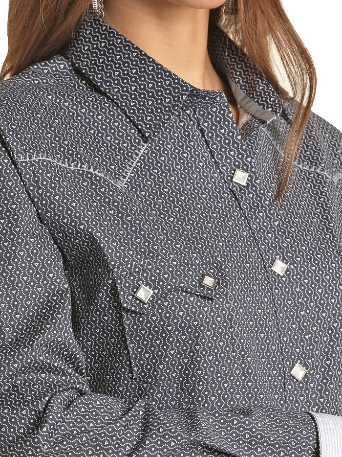 Panhandle RSWSOSR0ED Womens Geo Long Sleeve Snap Shirt Light Navy front view. If you need any assistance with this item or the purchase of this item please call us at five six one seven four eight eight eight zero one Monday through Saturday 10:00a.m EST to 8:00 p.m EST