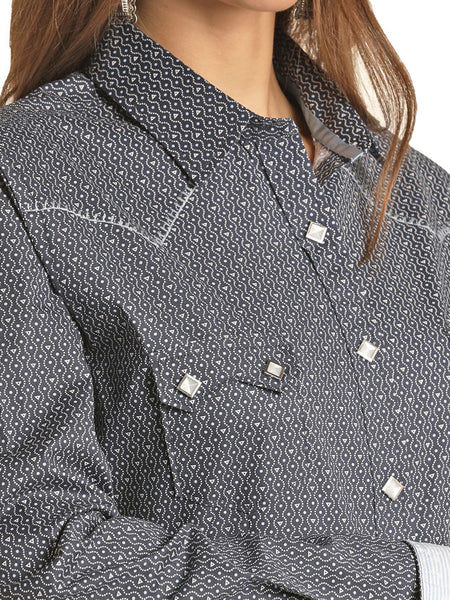 Panhandle RSWSOSR0ED Womens Geo Long Sleeve Snap Shirt Light Navy close up. If you need any assistance with this item or the purchase of this item please call us at five six one seven four eight eight eight zero one Monday through Saturday 10:00a.m EST to 8:00 p.m EST
